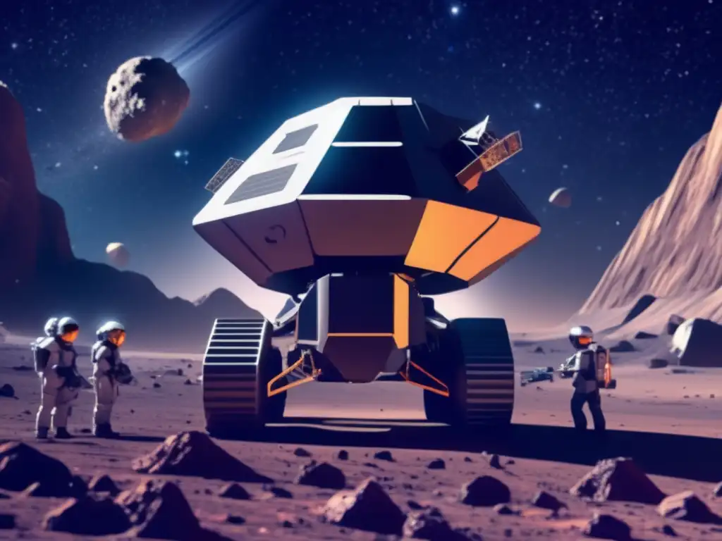 Energías renovables en el espacio: Futurista operación minera espacial en asteroide con avanzada tecnología robótica y redes de energía sostenible
