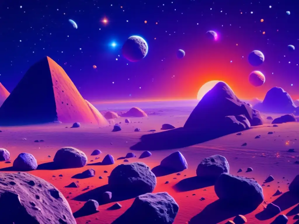 Energías renovables en el espacio: Imagen impactante de asteroides en el espacio, con colores vibrantes y una nave espacial en silueta