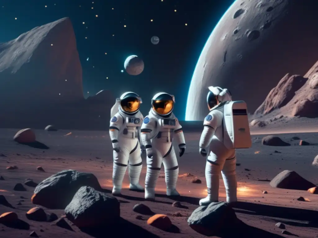 Equipo de astronautas explorando asteroides con realidad aumentada
