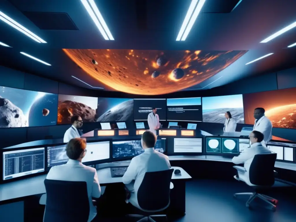 Equipo científico en sala de control con simulaciones impacto asteroides