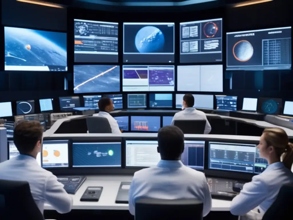Equipo de científicos y ingenieros analizando el Asteroide S en una sala de control futurista