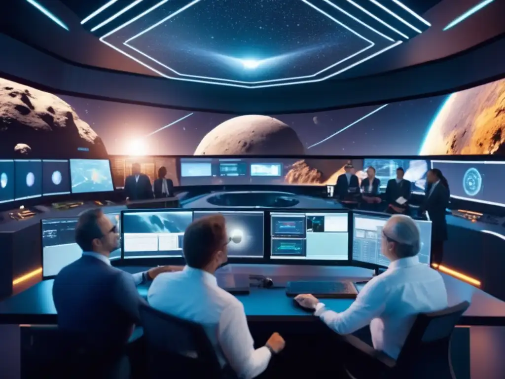 Equipo de científicos y ingenieros en sala de control, simulaciones amenazas asteroides preparación