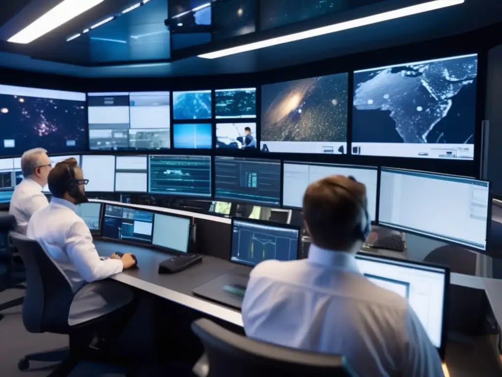 Equipo científicos y ingenieros en sala de control avanzada, simulando amenazas de asteroides y preparación