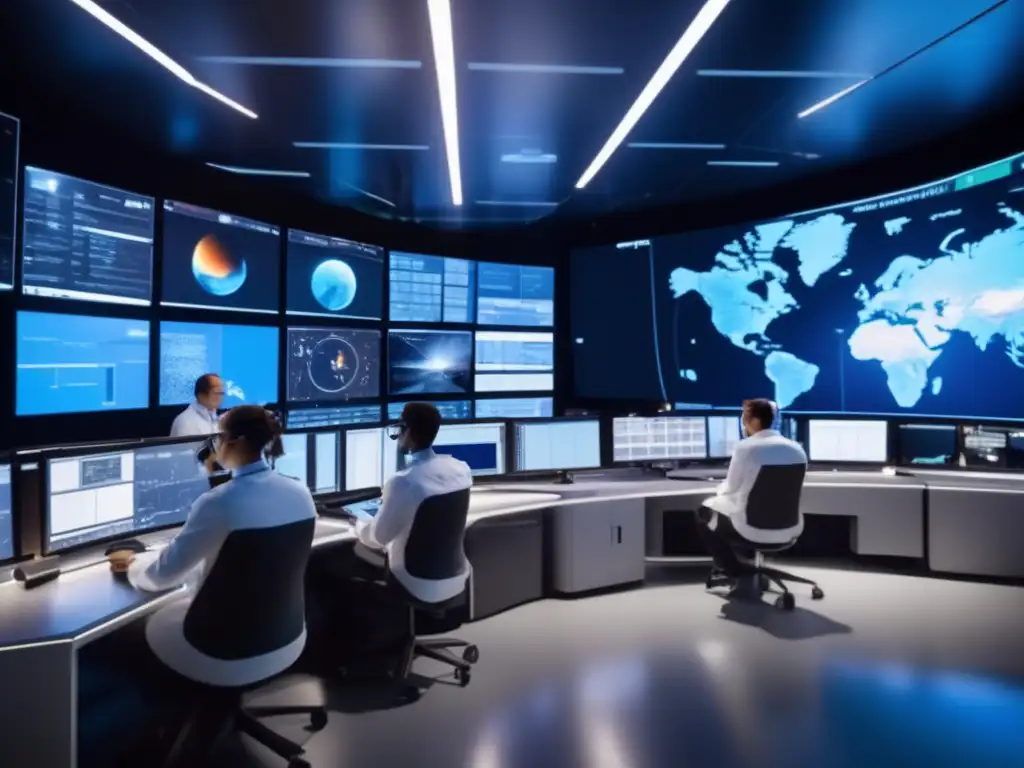 Equipo de científicos y ingenieros en sala de control, preparación para desviar asteroides catastróficos