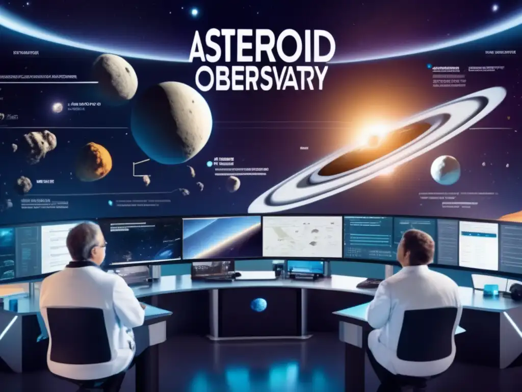Equipo de científicos en observatorio espacial, exploración espacial asteroides gigantes