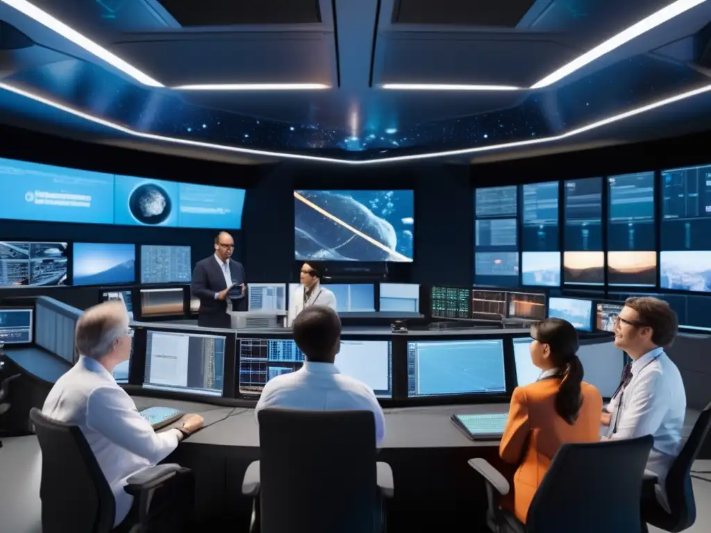 Equipos protección asteroides peligrosos trabajando en sala de control futurista