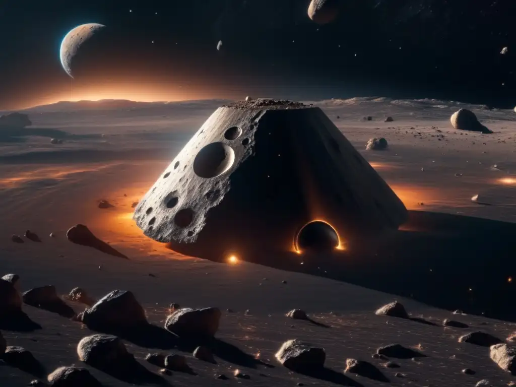 Escena asombrosa: nave espacial avanzada minera asteroides, regulaciones internacionales minería asteroides