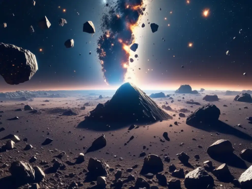 Escena caótica de asteroides en el espacio, con fragmentos dispersos