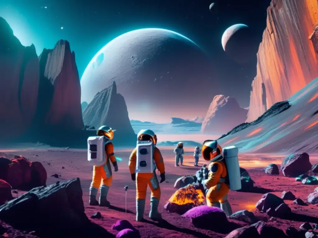 Escena cinematográfica en un asteroide: astronautas extraen recursos minerales en un entorno impresionante