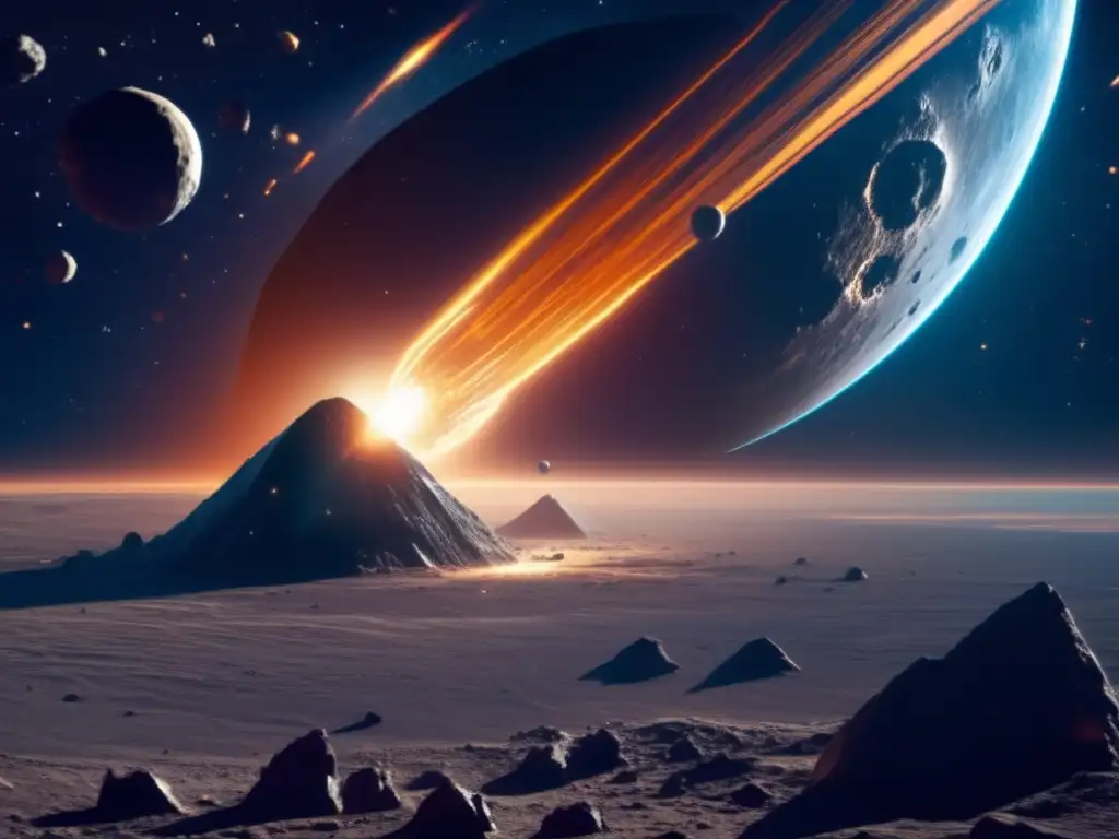 Escena cinematográfica de un asteroide metálico en el sistema solar