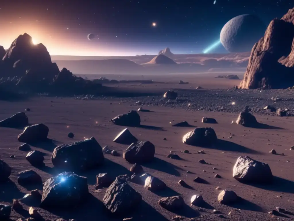 Escena cinematográfica: campo de asteroides desolado con silicatos en asteroides rocosos