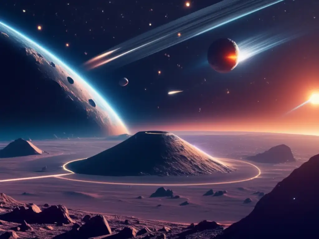 Escena cinematográfica en el espacio con asteroides y tecnología de desvío: implicaciones políticas y seguridad