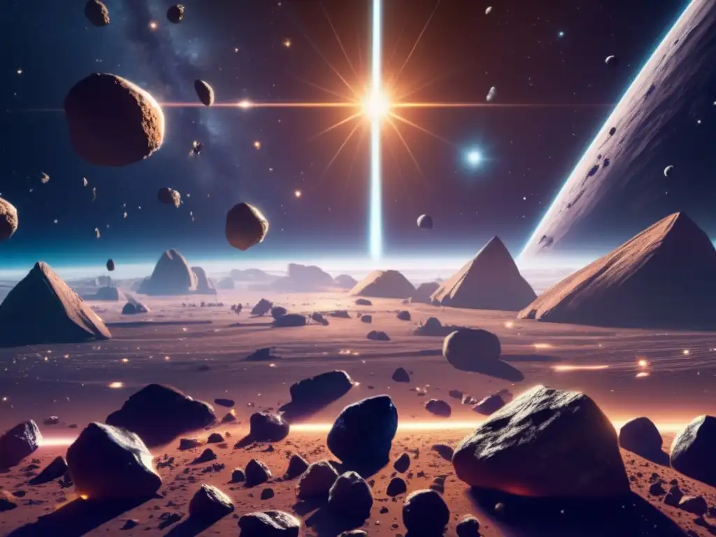 Escena cinematográfica en el espacio con asteroides flotando y un planeta dominante