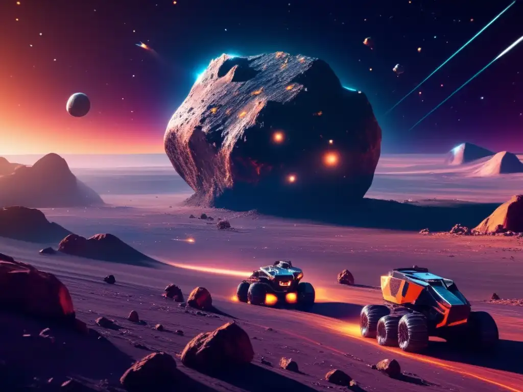 Escena cinematográfica en el espacio con asteroides y drones mineros