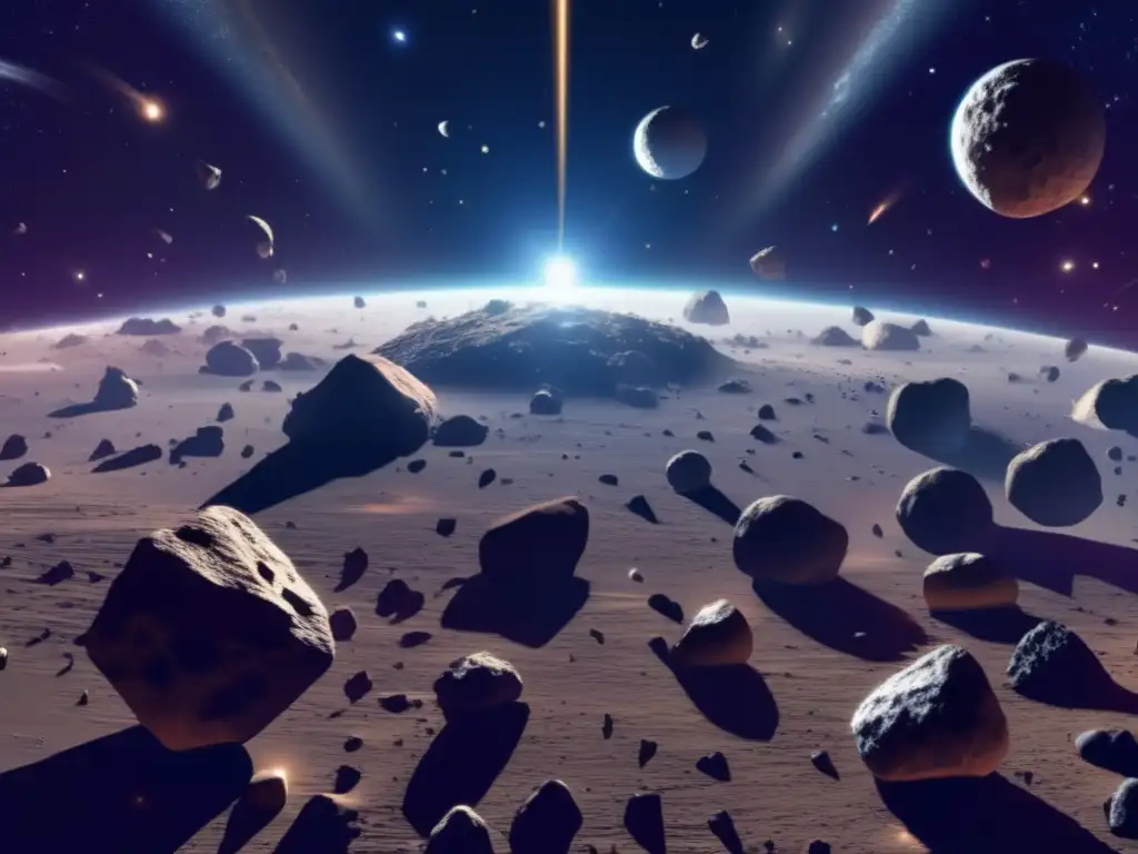 Escena cósmica de asteroides en el espacio: beneficios de la minería espacial en asteroides