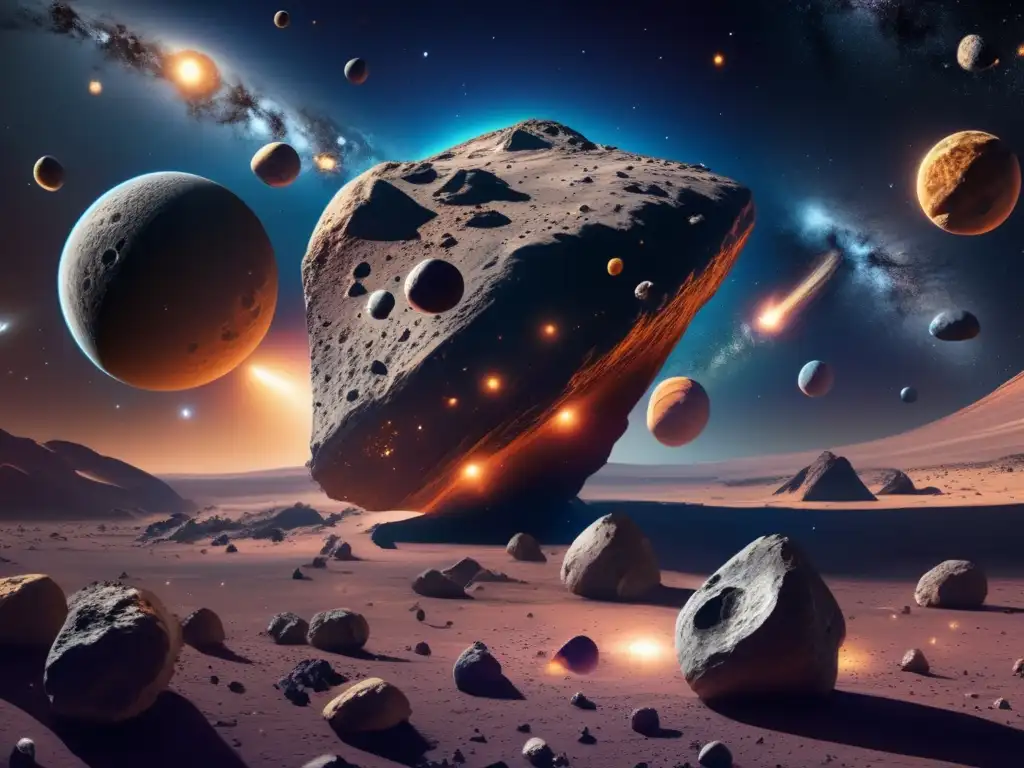 Escena cósmica: asteroides, gas gigante y sistema solar