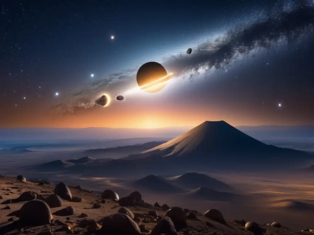 Escena cósmica con asteroides y ocultaciones: Exploración de asteroides y ocultaciones cósmicas
