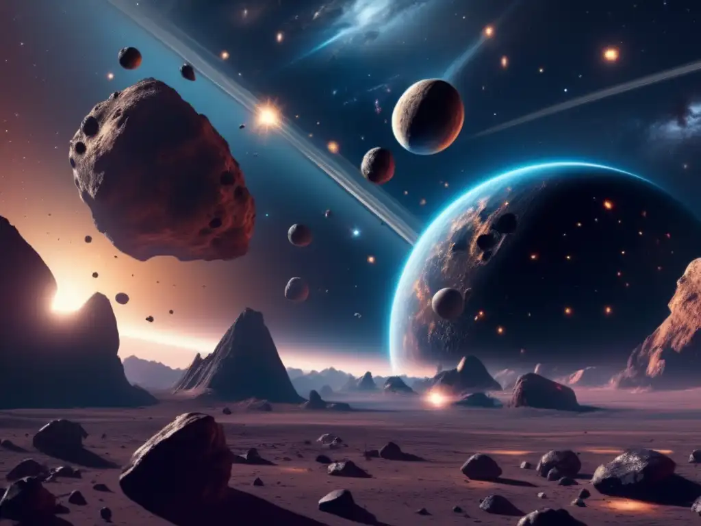 Escena cósmica a 8k con asteroides: Riesgo colisiones cósmicas asteroides