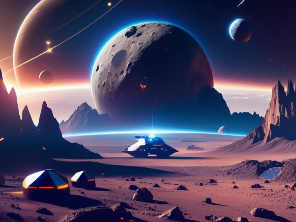 Escena futurista: asteroide gigante, maquinaria minera espacial, estación científica, galaxias