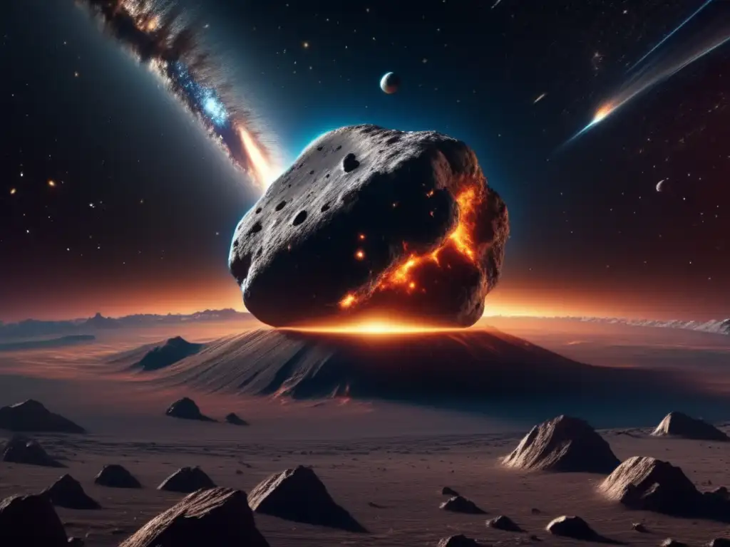 Escena futurista: Asteroide gigante hacia la Tierra, nave espacial avanzada y estrategias defensa planetaria NEOs