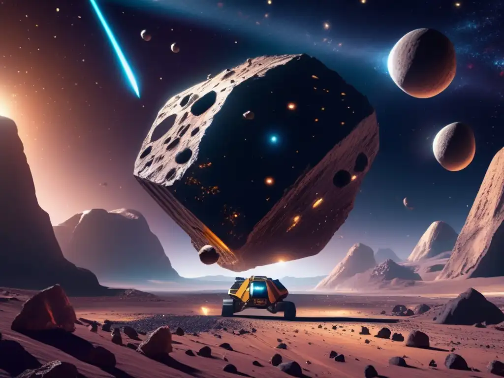 Escena futurista de minería de asteroides en los Troyanos: nave espacial minera, láseres, minerales y drones en acción