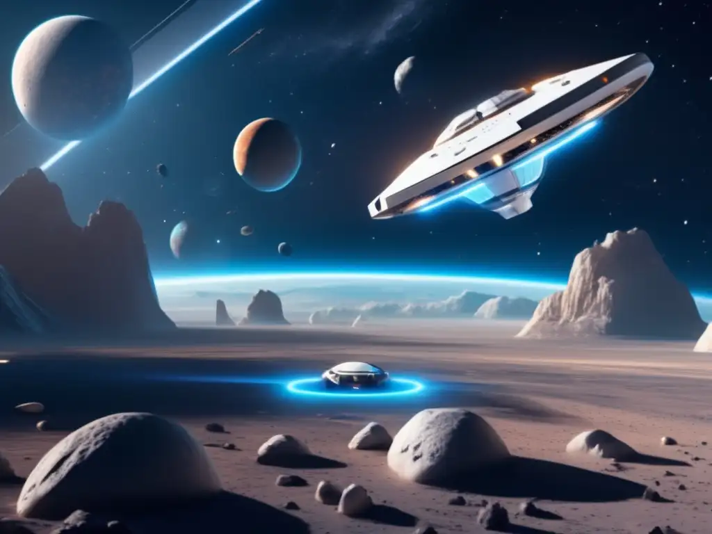 Escenario espacial futurista con nave espacial blanca en el centro, propulsión nuclear azul y asteroides
