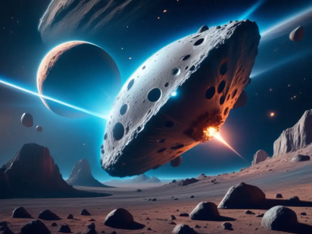 Escudos energéticos protección asteroides: nave futurista cerca de asteroide con cráteres, superficie rugosa y escudos azules