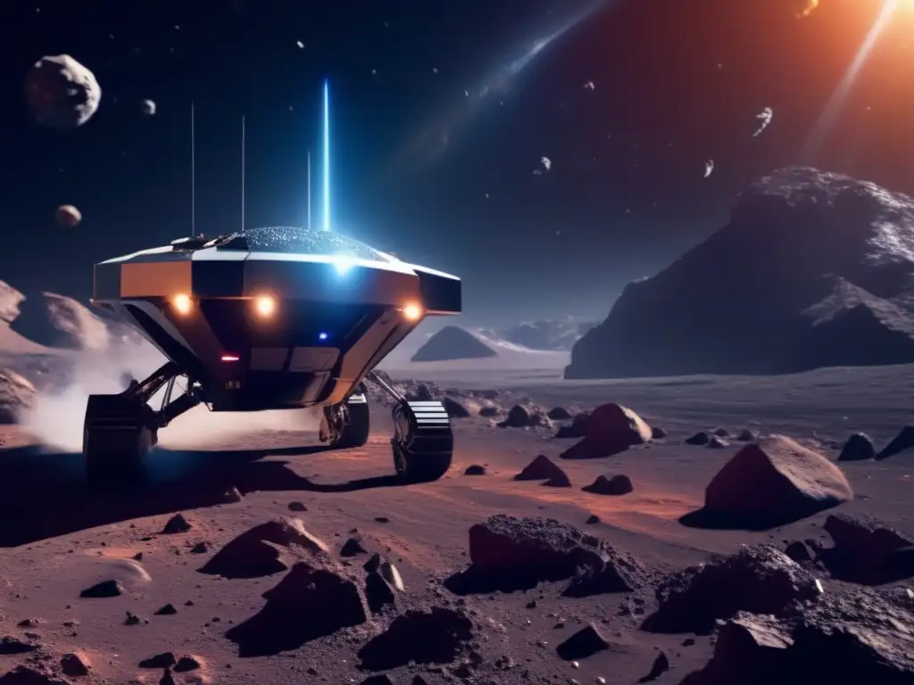 Exploración robótica: robot espacial observando asteroide en el espacio, con formaciones rocosas, minerales metálicos y fondo estelar