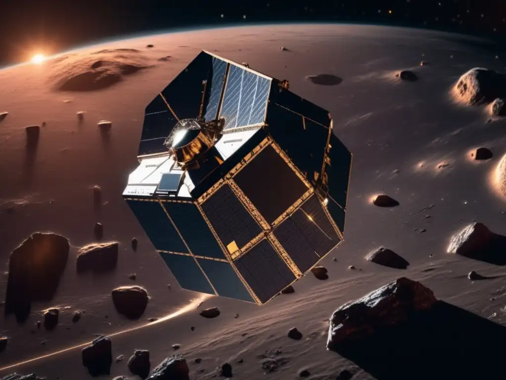 Exploración espacial: misión Rosetta y asteroide Lutetia, imagen 8k impresionante de la nave flotando en el espacio estrellado