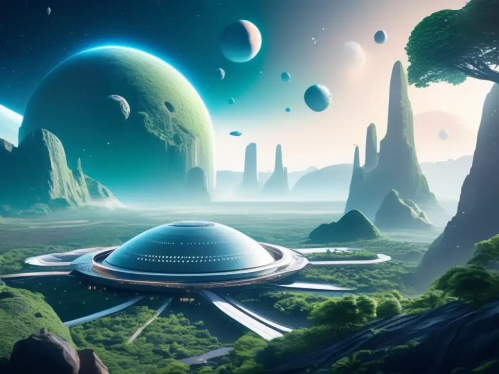 Colonización espacial con asteroides: Futurista colonia espacial en asteroide 8k con paisajes verdes, estructuras modernas y actividad científica