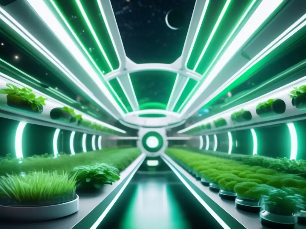 Estación espacial futurista con agricultura espacial en baja gravedad