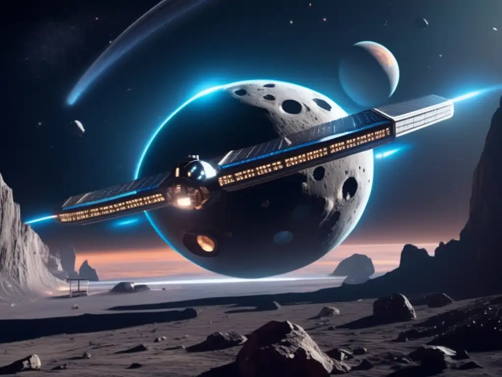 Estación espacial futurista orbitando asteroide