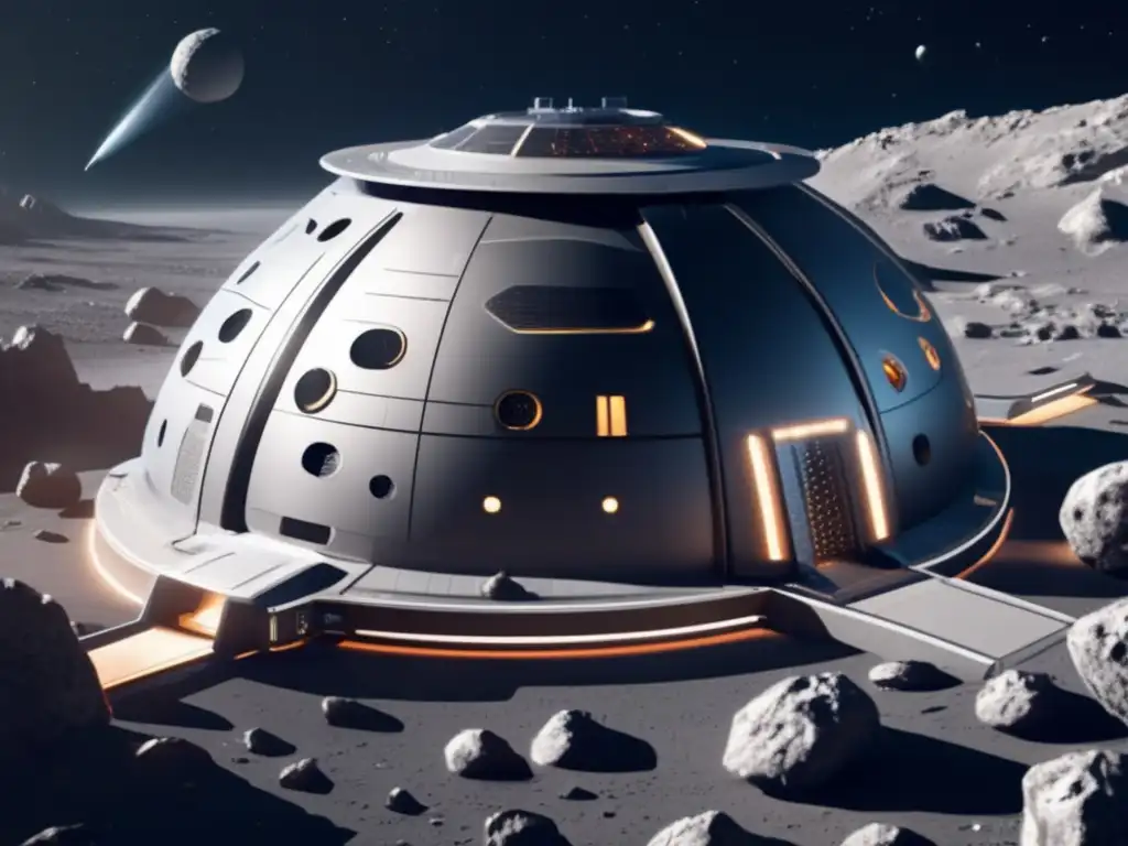 Estación espacial futurista orbitando asteroide, regulación armas militares en asteroides