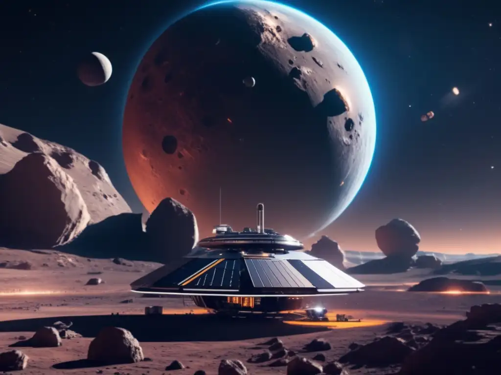 Estación espacial futurista orbitando asteroide: Exploración y explotación de asteroides
