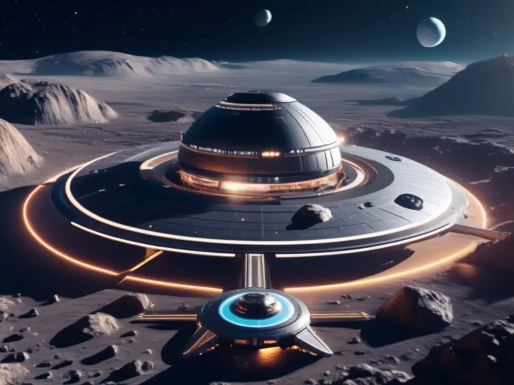 Estación espacial futurista cerca de asteroide: Exploración de asteroides para combustible interplanetario