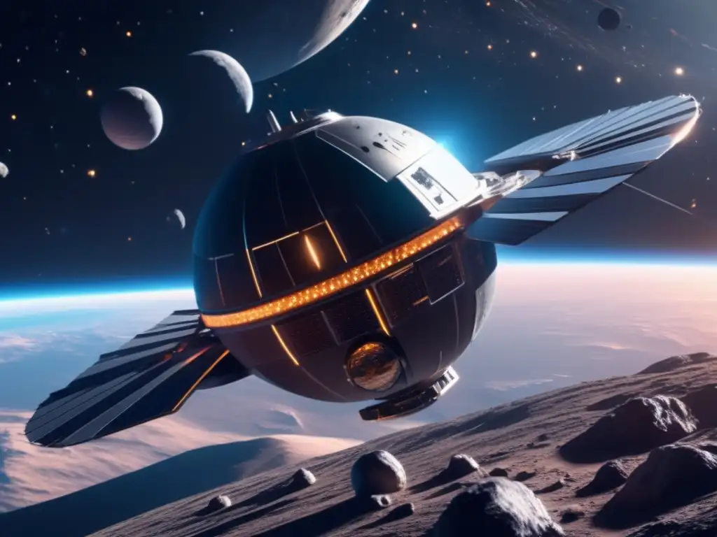 Estación espacial futurista y asteroide: Exploración de asteroides para energía de fusión