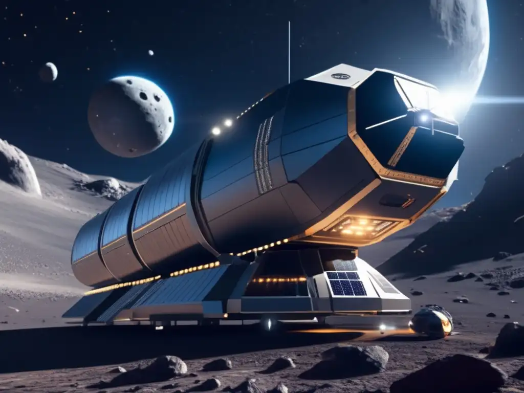 Estación espacial futurista orbitando asteroide, ilustrando belleza y complejidad de exploración astral - Financiamiento de expediciones a asteroides