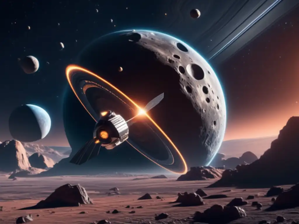 Estación espacial futurista orbitando asteroide: exploración comercial de asteroides