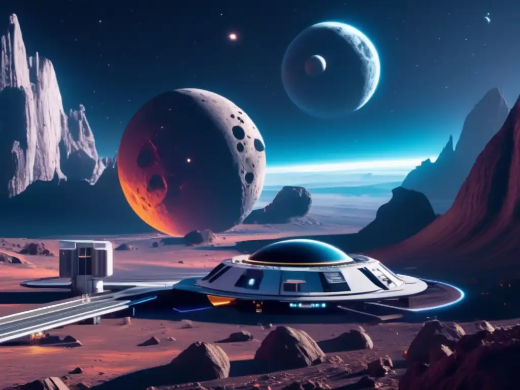 Estación espacial futurista y asteroide: exploración espacial y propiedad asteroidal