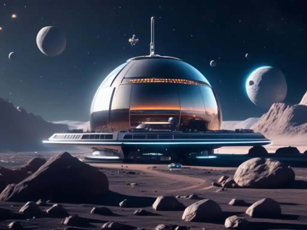 Estación espacial futurista y asteroide, exploración humana con asteroides