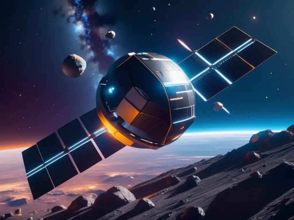 Estación espacial futurista orbitando asteroide metálico - Exploración de asteroides como recurso