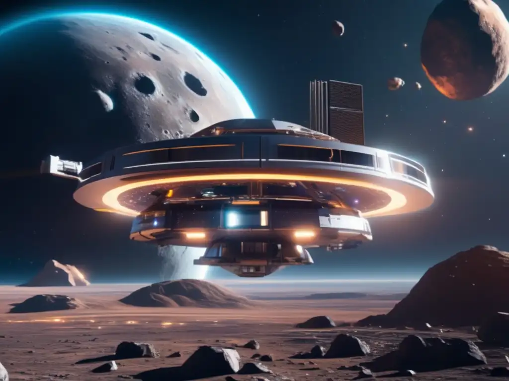 Estación espacial futurista y asteroide metálico en vibrantes tonos