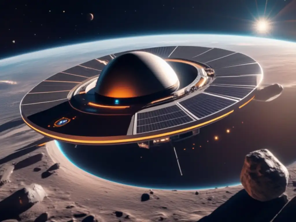 Estación espacial futurista orbitando asteroide, minas de asteroides y regulaciones de propiedad