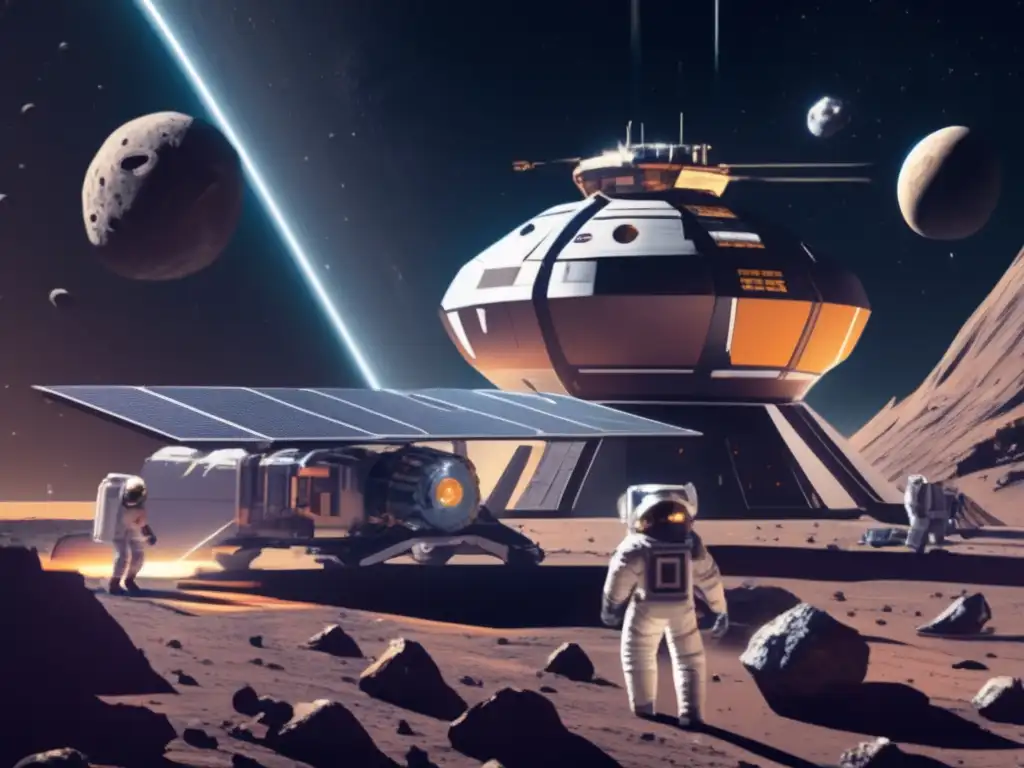 Futuro espacio: estación, astronautas y minería Estación espacial futurista orbitando asteroide, mineros astronautas extraen recursos valiosos