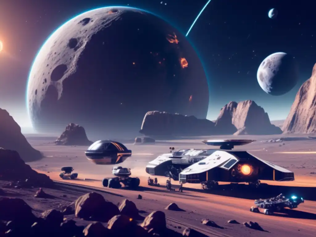 Estación espacial futurista orbitando asteroide, con mineros robóticos y naves espaciales