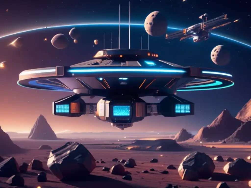 Estación espacial futurista entre asteroides, muestra ética de la minería con drones y tecnología avanzada