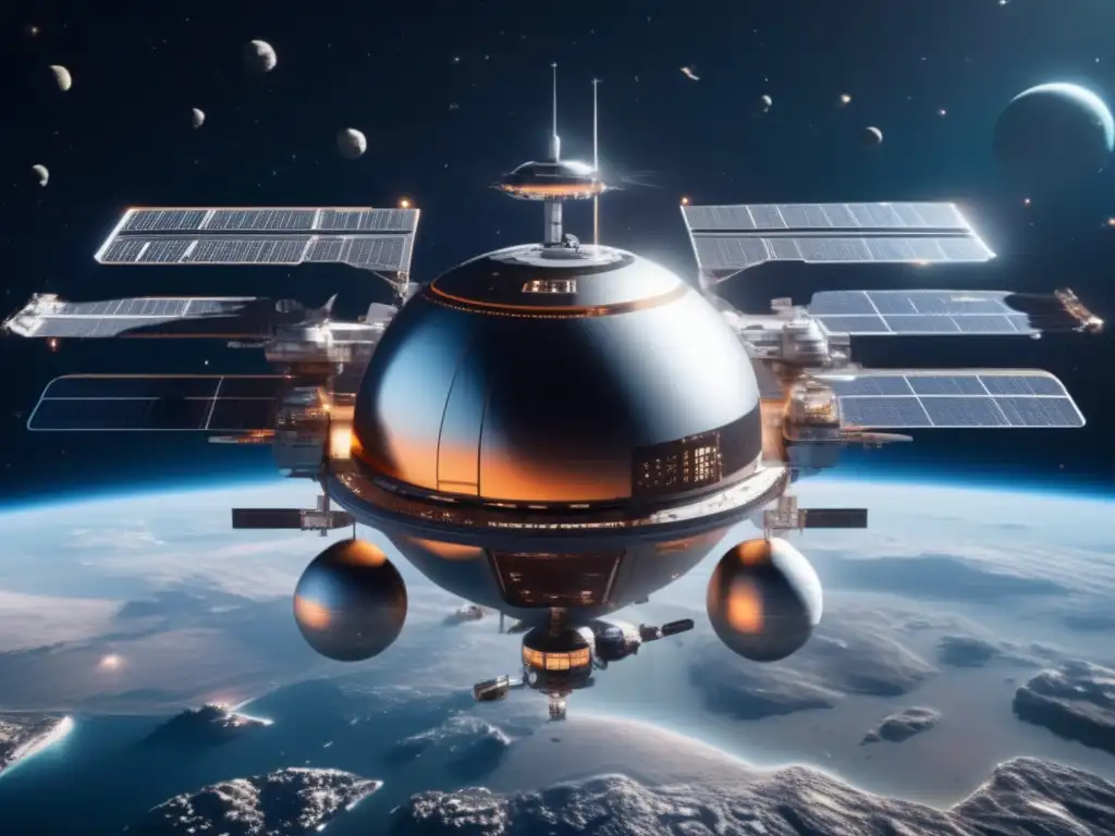 Estación espacial futurista gestionando asteroides peligrosos en cooperación internacional