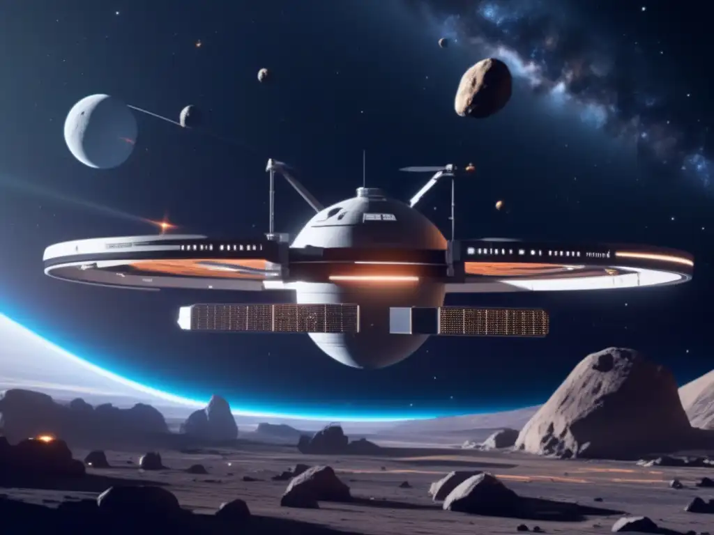 Estación espacial futurista y asteroides comunicación en tiempo real