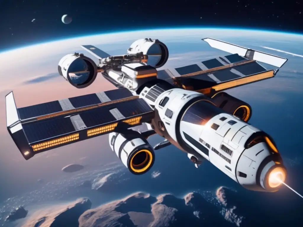 Estación espacial futurista desviando asteroides para salvar la Tierra