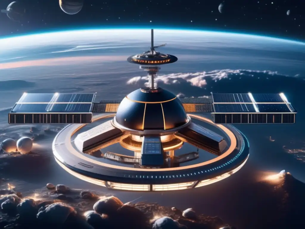 Estación espacial futurista protección contra asteroides en la Tierra